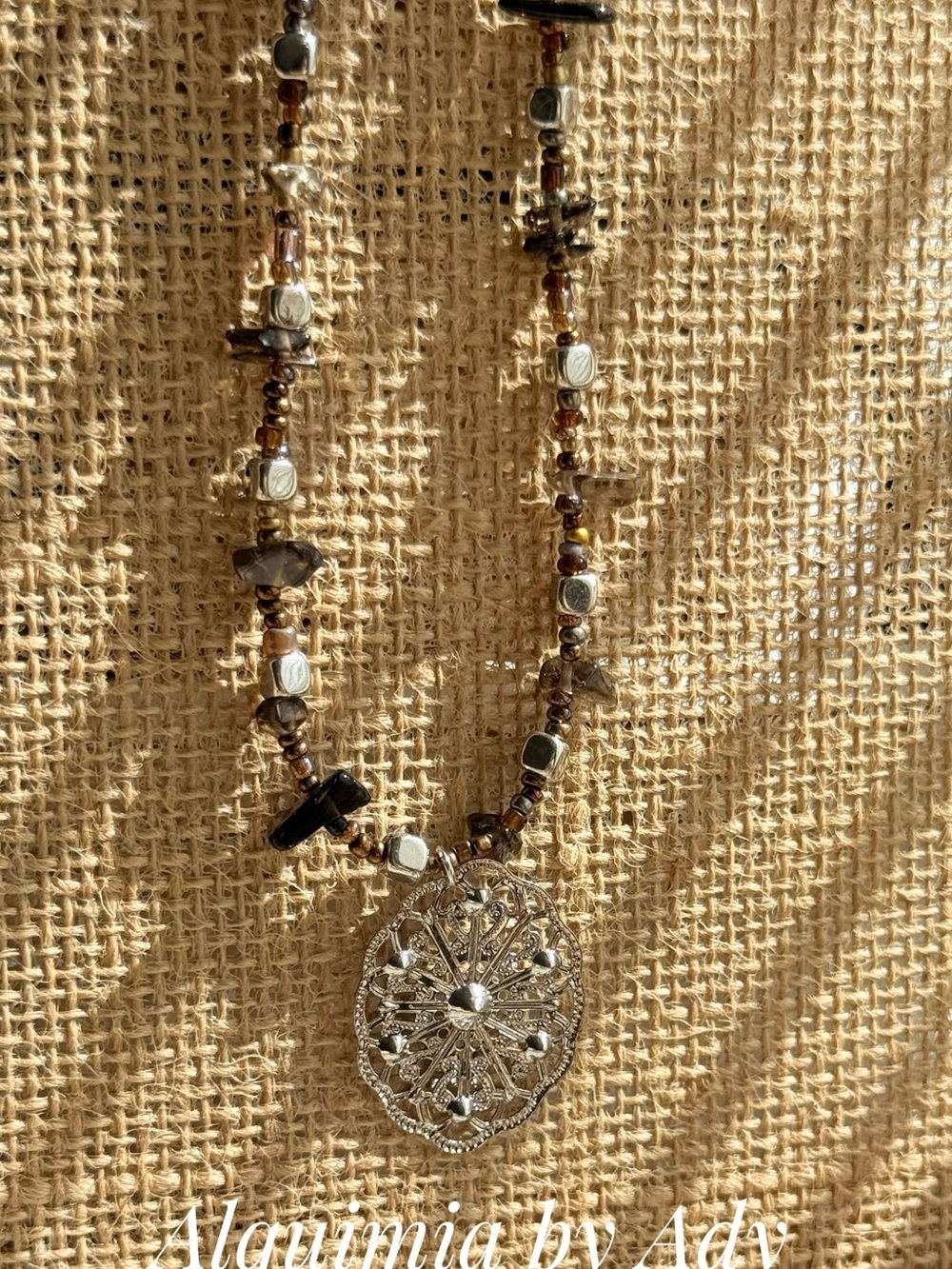 SMOKY QUARTZ Brown and Silver Beaded Necklace with Filigree Pendant